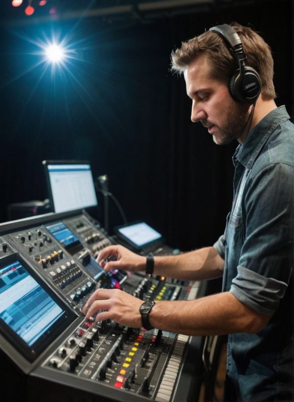 a group of people working on a big table on their laptops, headphones, water bottles
