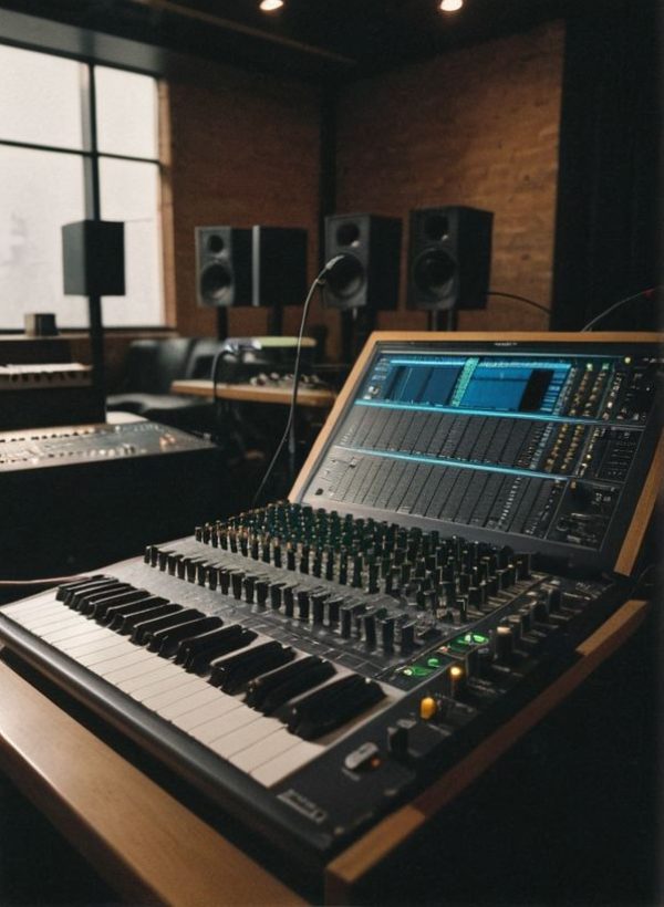 a green working space with laptop, notes, plants, computer